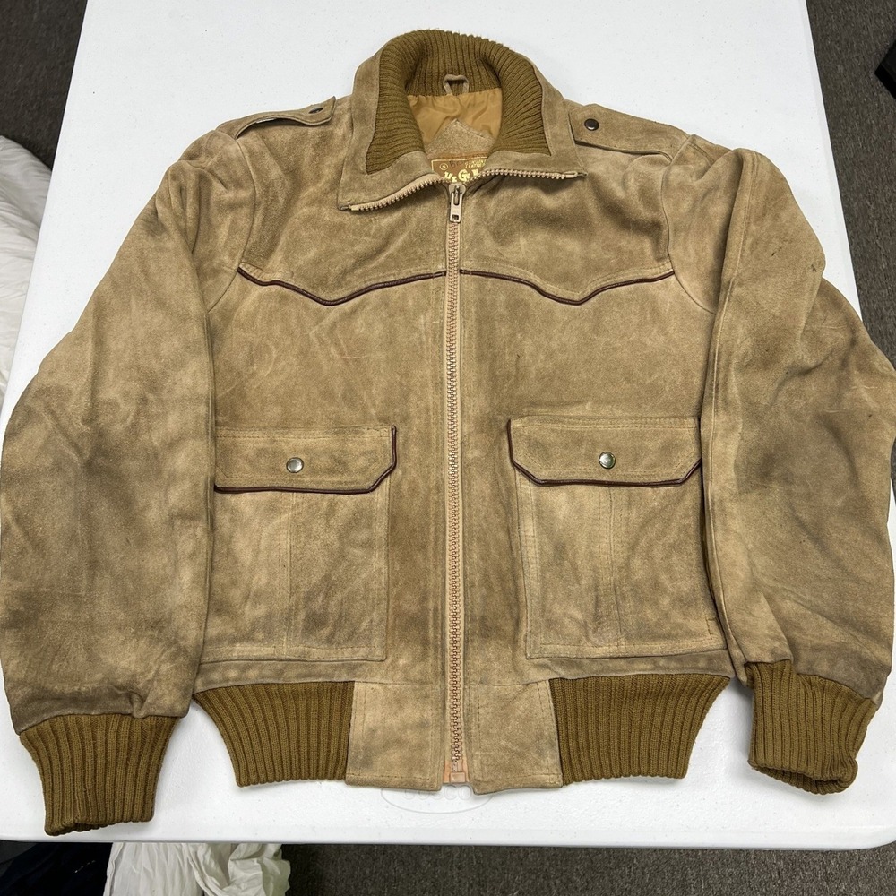 Hi Gear Bomber Jacket Mens S Tan Suede Western Piping Flight Coat G1